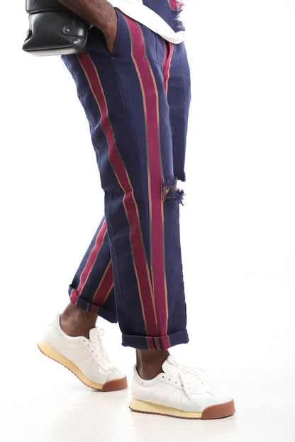 King Kaftan Distressed Handwoven Aso-Oke Tapered Striped Pants – Side View – African men's fashion Nigeria