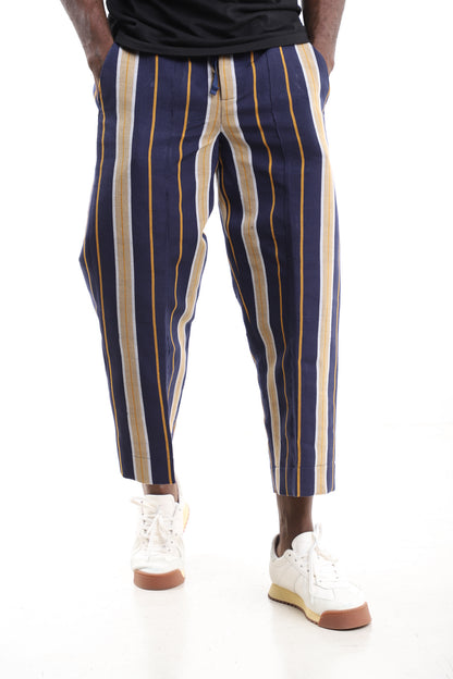 King Kaftan Navy and Mustard Handwoven Aso-Oke Cropped Trousers – Front View – African men's fashion Nigeria