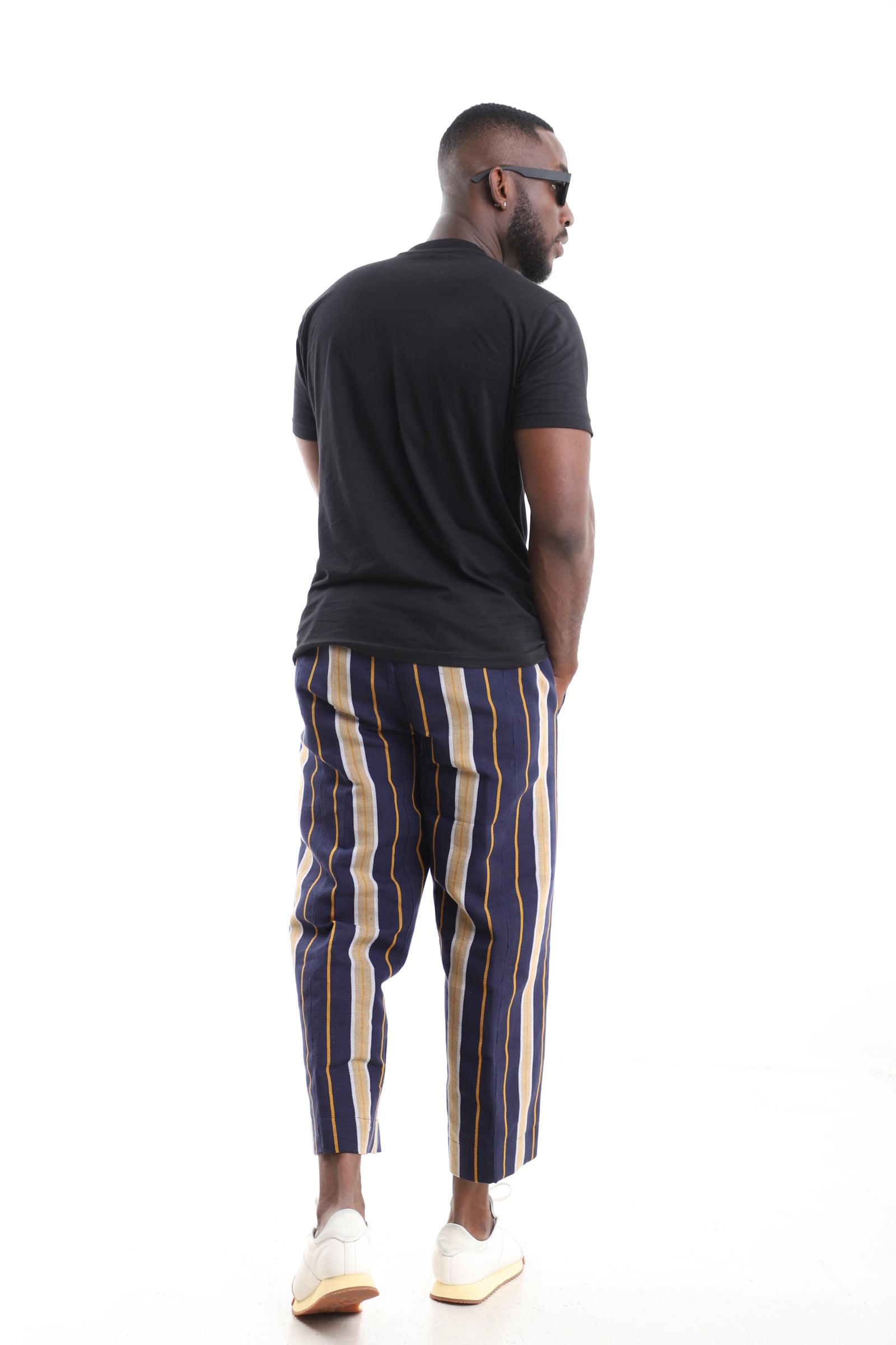 King Kaftan Navy Aso-Oke Pants with Black T-Shirt Set – Back View – African men's fashion Nigeria