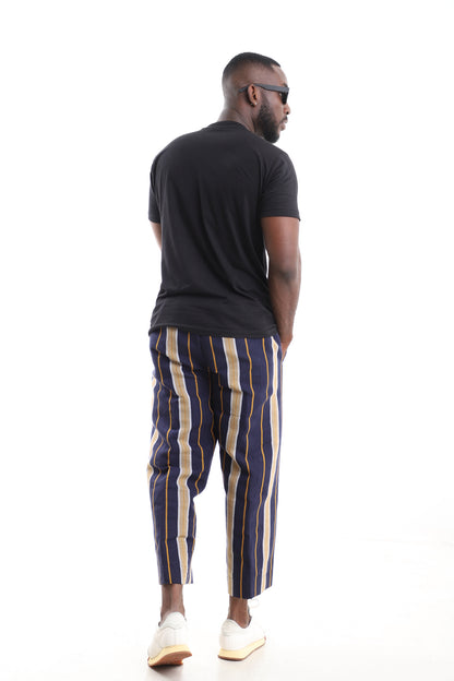 King Kaftan Navy Aso-Oke Pants with Black T-Shirt Set – Back View – African men's fashion Nigeria