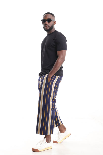 King Kaftan Navy Aso-Oke Pants with Black T-Shirt Set – Front View – African men's fashion Nigeria