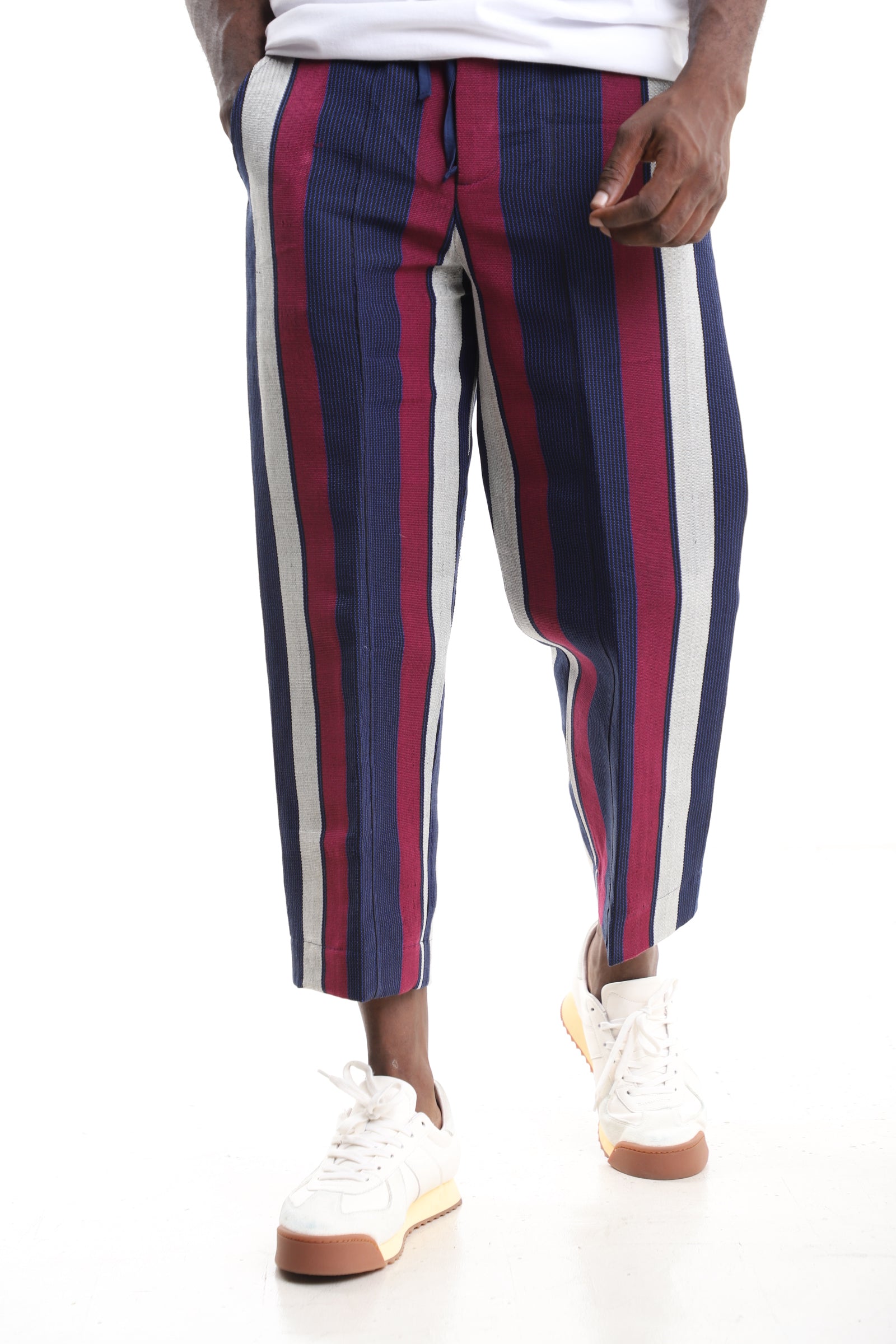 King Kaftan Navy, Magenta, and Grey Handwoven Aso-Oke Cropped Trousers – Front View – African men's fashion Nigeria