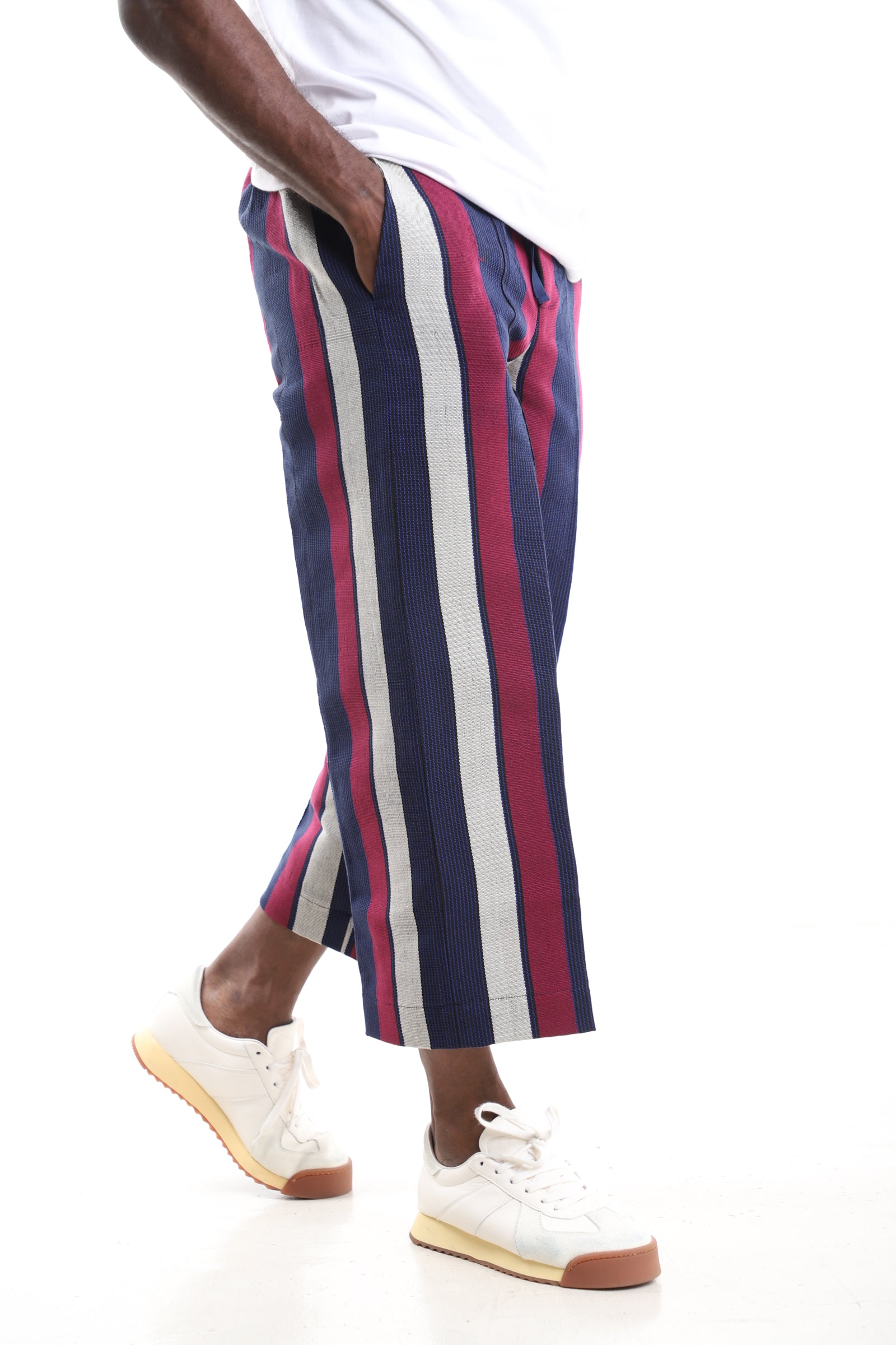 King Kaftan Navy, Magenta, and Grey Handwoven Aso-Oke Cropped Trousers – Side View – African men's fashion Nigeria