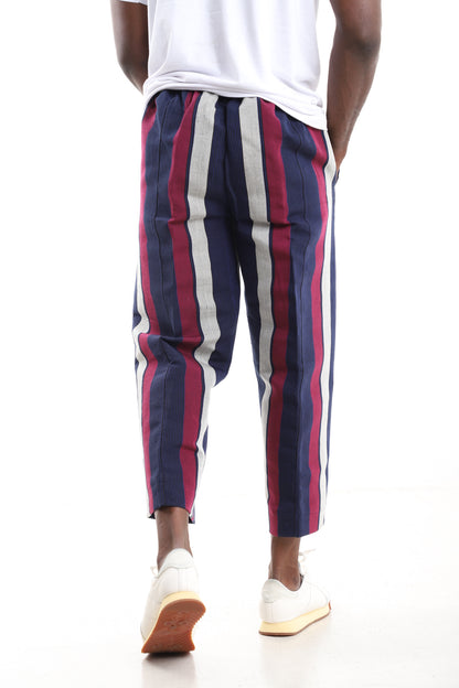 King Kaftan Navy, Magenta, and Grey Handwoven Aso-Oke Cropped Trousers – Back View – African men's fashion Nigeria
