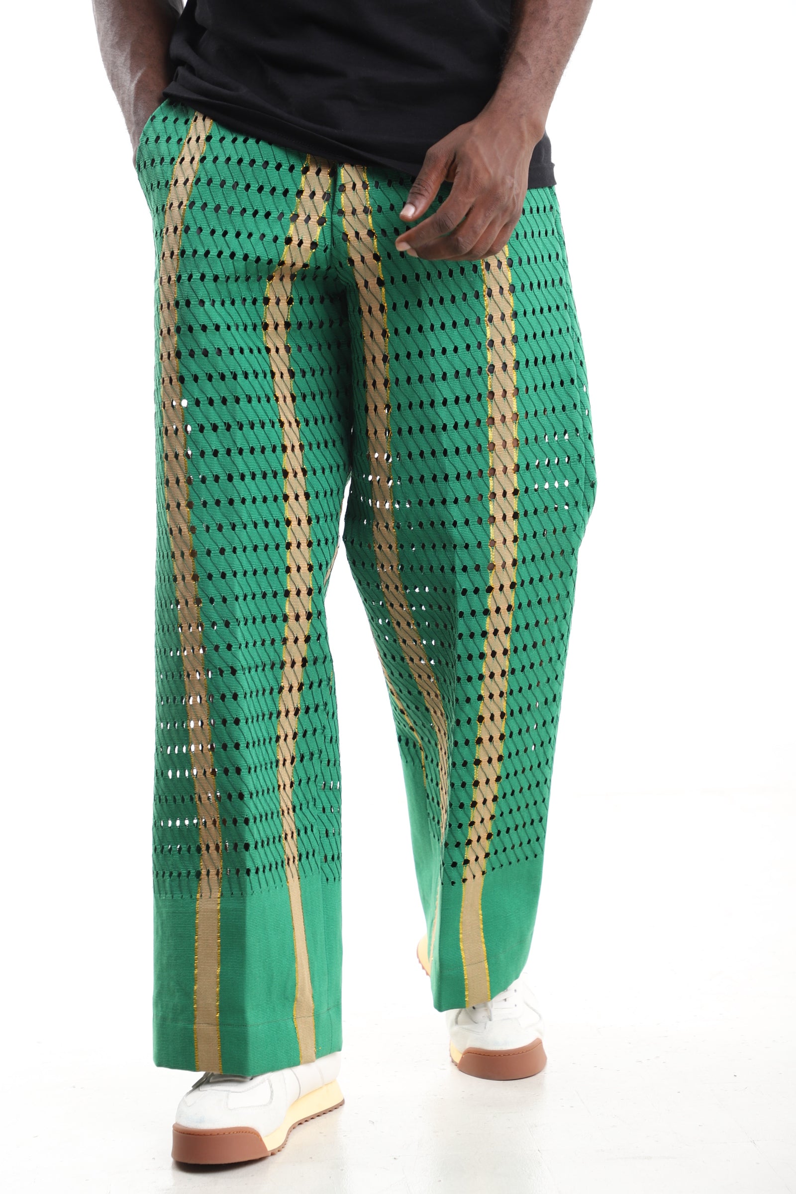 King Kaftan Emerald Green Perforated Handwoven Aso-Oke Wide-Leg Trousers – Front View – African men's fashion Nigeria
