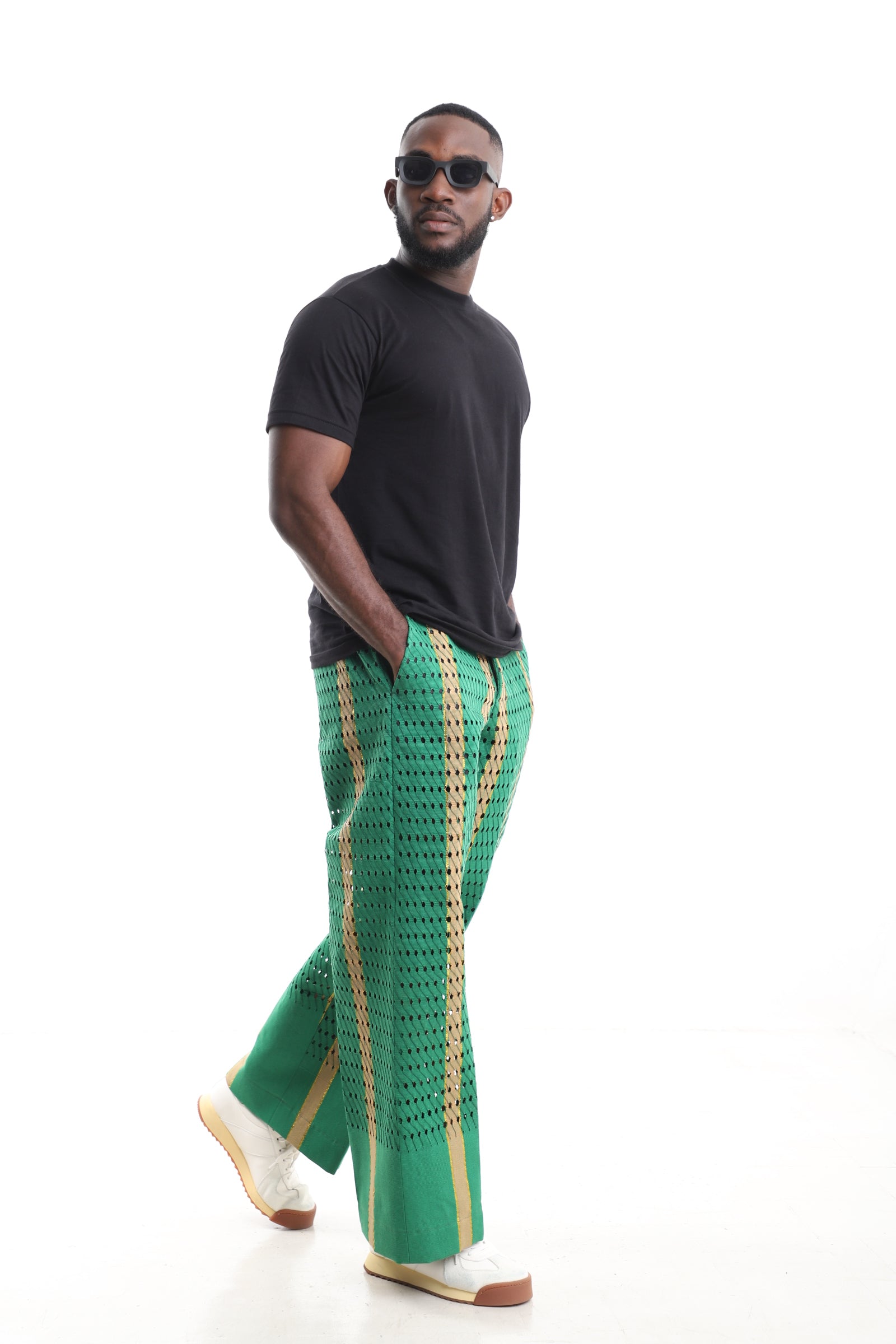 King Kaftan Emerald Green Aso-Oke Pants with Black T-Shirt Set – Side View – African men's fashion Nigeria