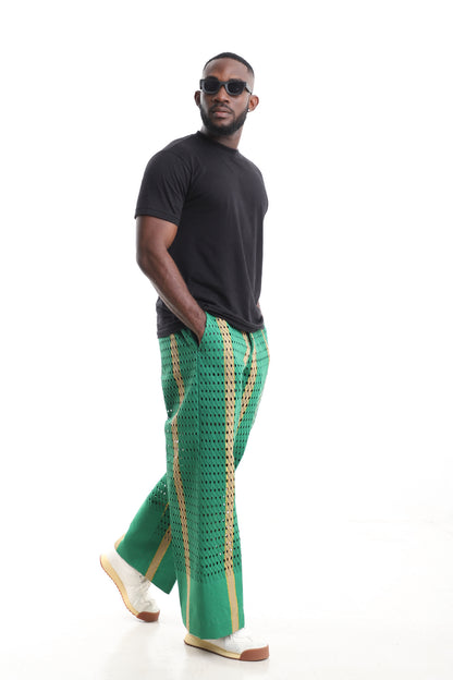 King Kaftan Emerald Green Aso-Oke Pants with Black T-Shirt Set – Side View – African men's fashion Nigeria