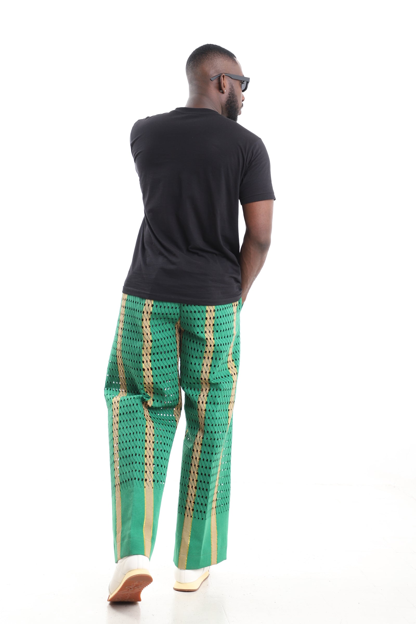 King Kaftan Emerald Green Aso-Oke Pants with Black T-Shirt Set – Back View – African men's fashion Nigeria