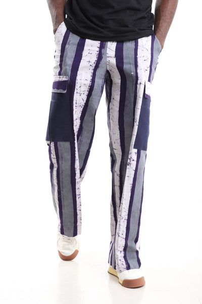 "King Kaftan Adire Batik Striped Cargo Pants Navy Grey – [front/side/detail] view – African men's fashion Nigeria"