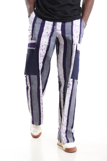 "King Kaftan Adire Batik Striped Cargo Pants Navy Grey – [front/side/detail] view – African men's fashion Nigeria"