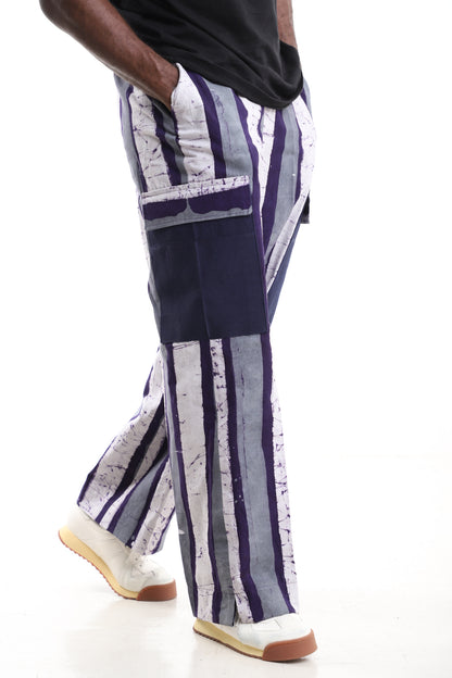 "King Kaftan Adire Batik Striped Cargo Pants Navy Grey – [front/side/detail] view – African men's fashion Nigeria"