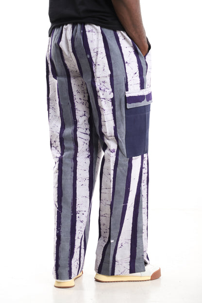 "King Kaftan Adire Batik Striped Cargo Pants Navy Grey – [front/side/detail] view – African men's fashion Nigeria"
