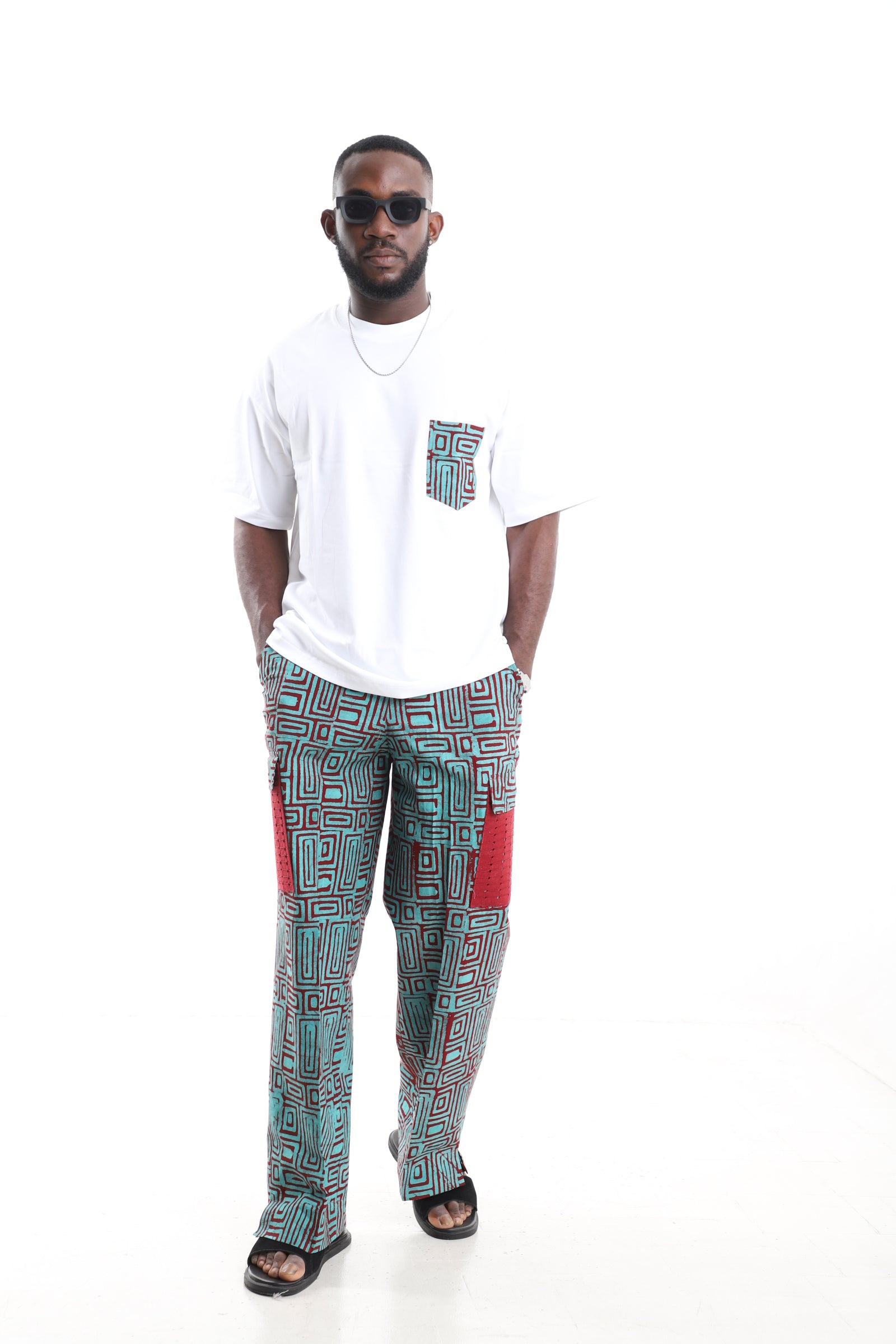 Cotton Geometric Adire Cargo Pants Set with Oversized White T-Shirt