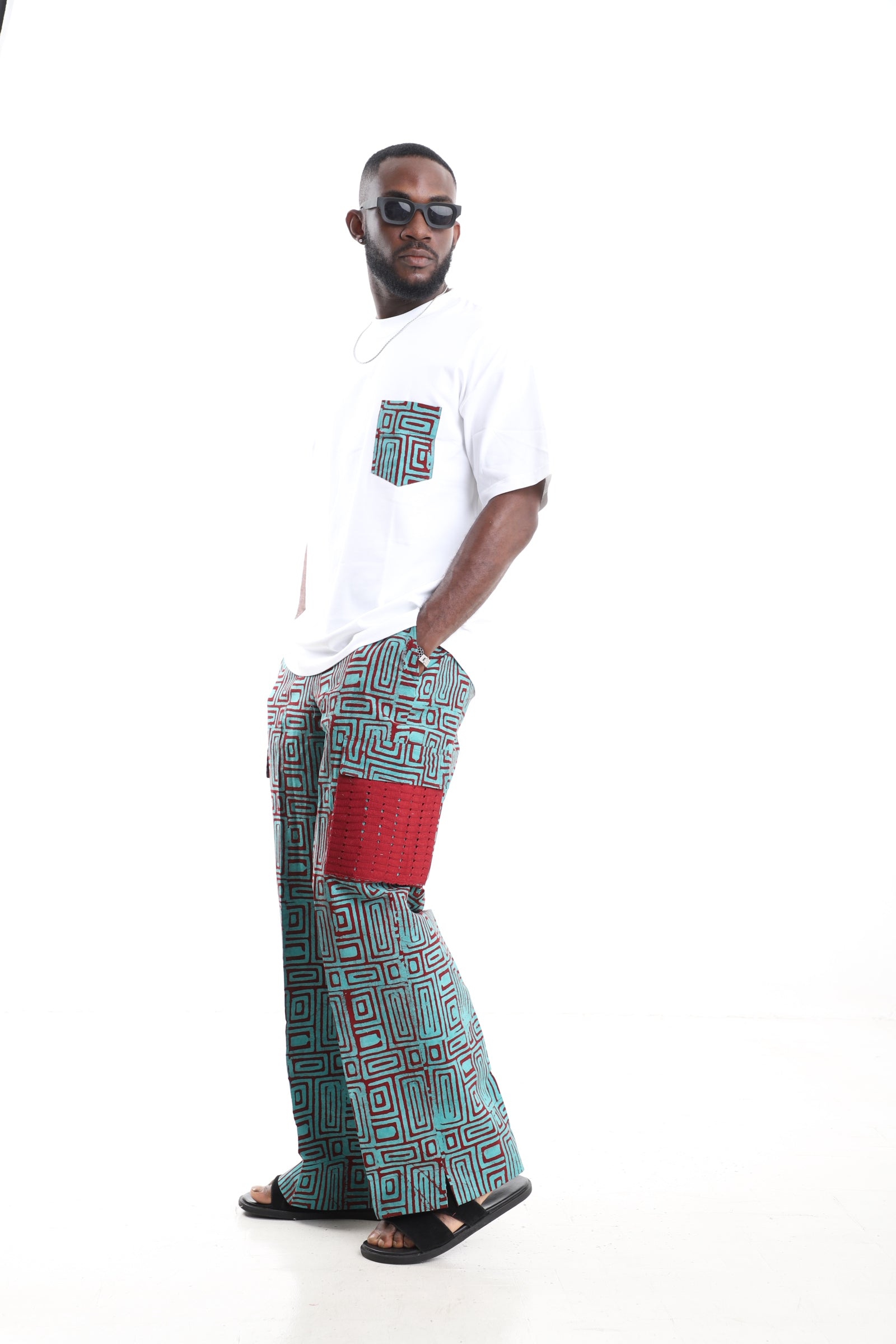 Cotton Geometric Adire Cargo Pants Set with Oversized White T-Shirt