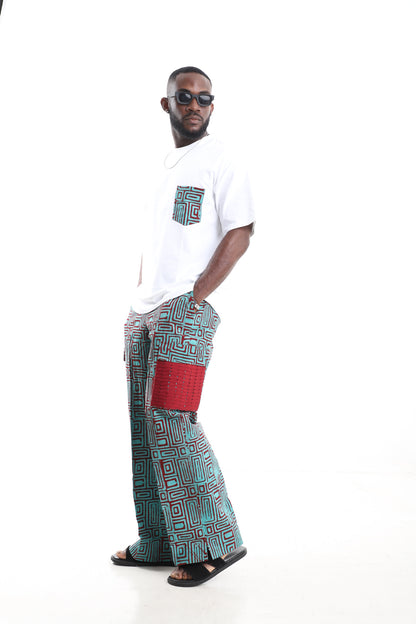 Cotton Geometric Adire Cargo Pants Set with Oversized White T-Shirt