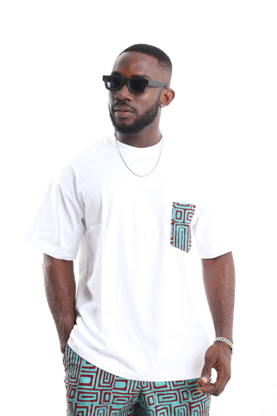 Cotton Oversized White T-Shirt with Geometric Adire Pocket Accent