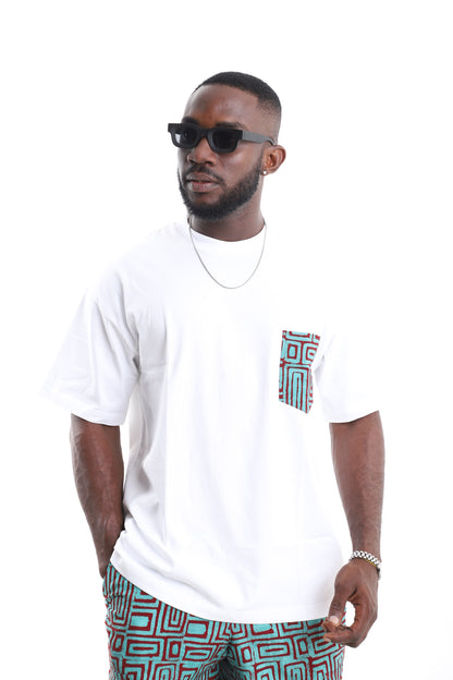 Cotton Oversized White T-Shirt with Geometric Adire Pocket Accent