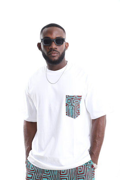 Cotton Oversized White T-Shirt with Geometric Adire Pocket Accent