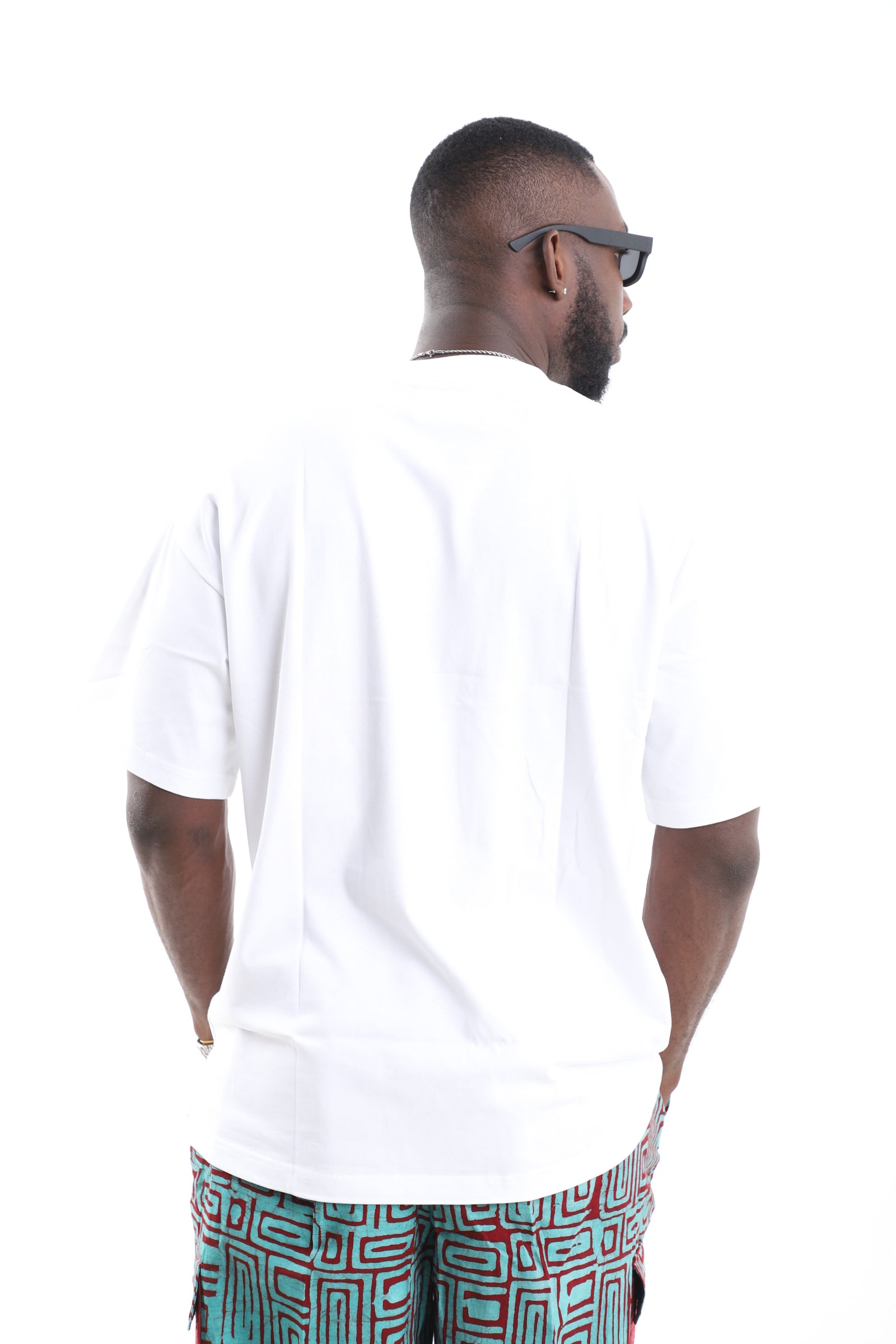 Cotton Oversized White T-Shirt with Geometric Adire Pocket Accent