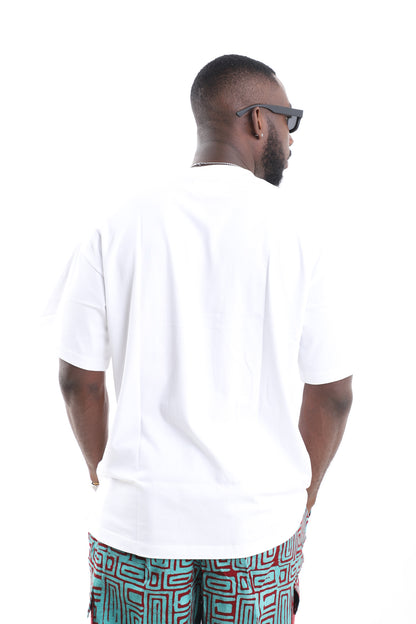 Cotton Oversized White T-Shirt with Geometric Adire Pocket Accent