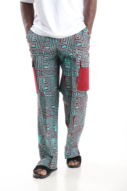 King Kaftan Turquoise and Crimson Geometric Batik Adire Utility Cargo Pants – Front View – African men's fashion Nigeria