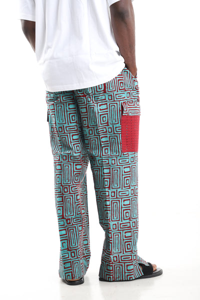King Kaftan Turquoise and Crimson Geometric Batik Adire Utility Cargo Pants – Back View – African men's fashion Nigeria