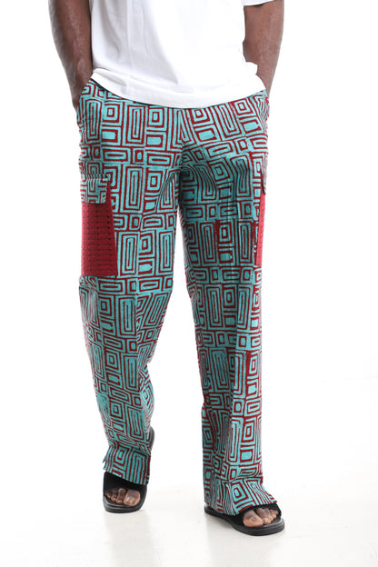 King Kaftan Turquoise and Crimson Geometric Batik Adire Utility Cargo Pants – Crimson Mesh Cargo Pocket Detail – African men's fashion Nigeria