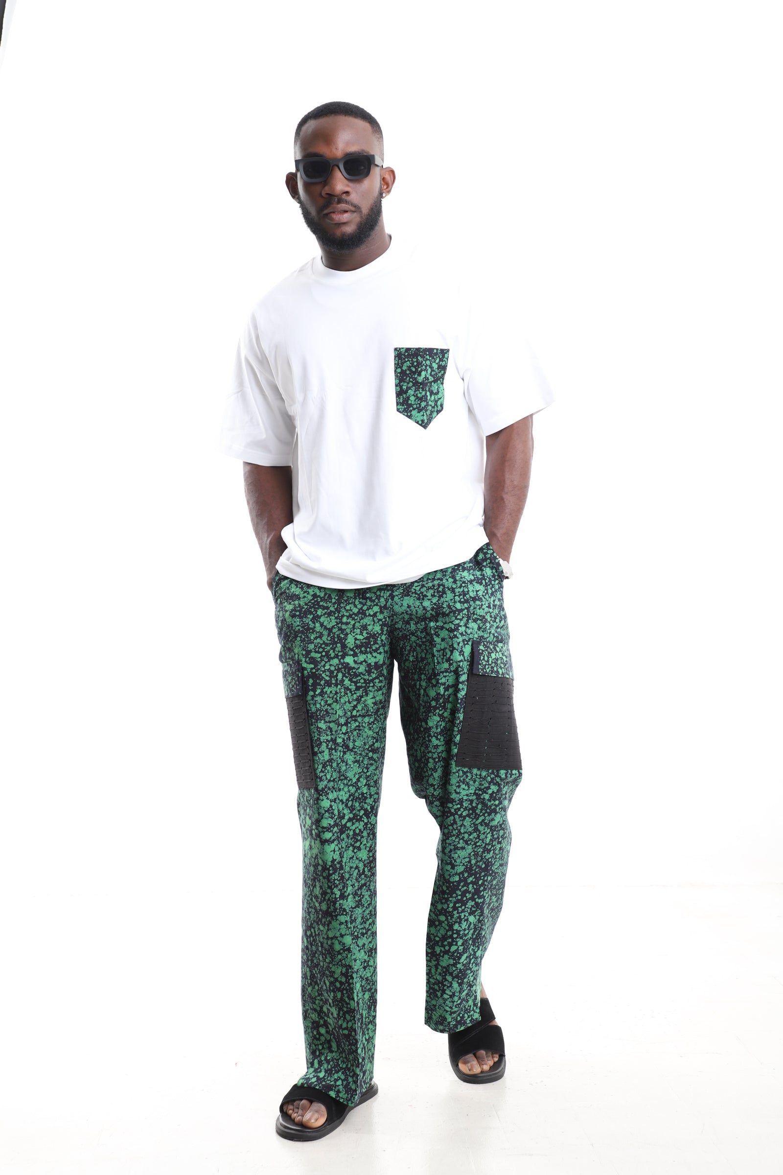 King Kaftan Emerald Splatter Adire Cargo Pants Set with Oversized White T-Shirt – Front View – African men's fashion Nigeria