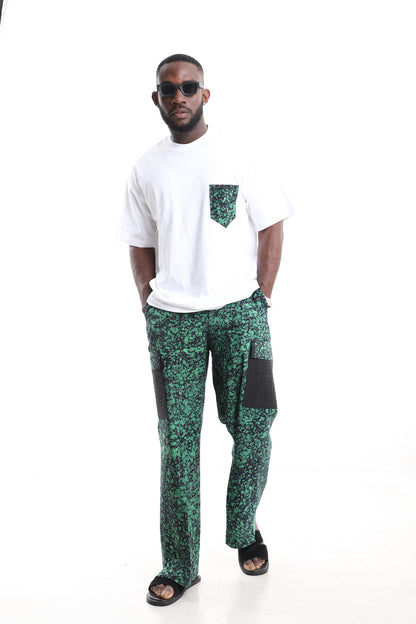 King Kaftan Emerald Splatter Adire Cargo Pants Set with Oversized White T-Shirt – Front View – African men's fashion Nigeria