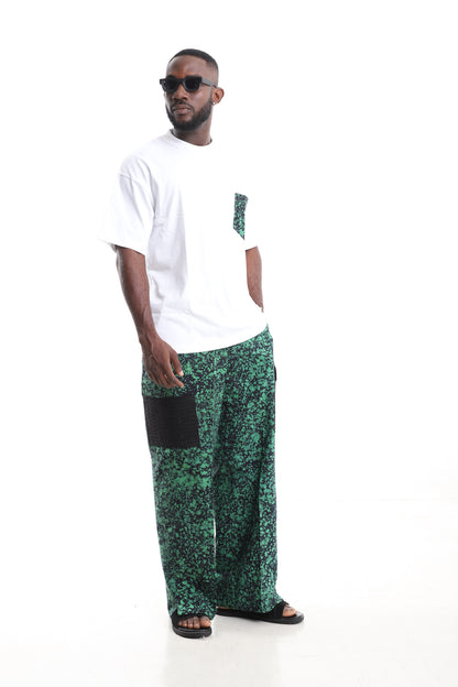 King Kaftan Emerald Splatter Adire Cargo Pants Set with Oversized White T-Shirt – Side View – African men's fashion Nigeria