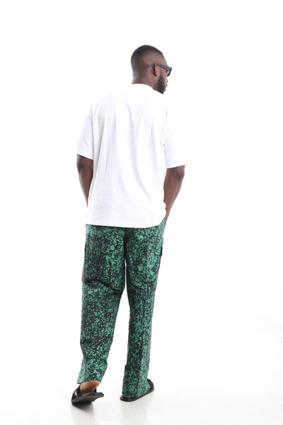 King Kaftan Emerald Splatter Adire Cargo Pants Set with Oversized White T-Shirt – Back View – African men's fashion Nigeria