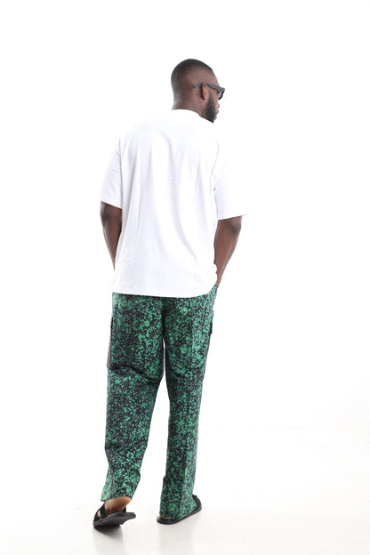 King Kaftan Emerald Splatter Adire Cargo Pants Set with Oversized White T-Shirt – Back View – African men's fashion Nigeria