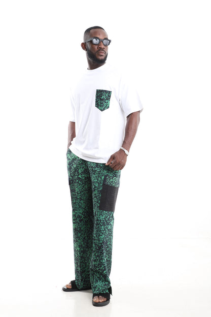 King Kaftan Emerald Splatter Adire Cargo Pants Set with Oversized White T-Shirt – Black Utility Cargo Pocket Detail – African men's fashion Nigeria
