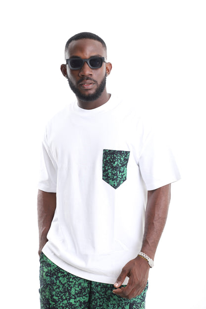 King Kaftan Cotton Oversized White T-Shirt with Emerald Splatter Adire Pocket Accent – Front View – African men's fashion Nigeria