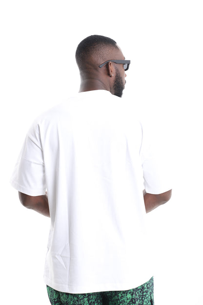 King Kaftan Cotton Oversized White T-Shirt with Emerald Splatter Adire Pocket Accent – Back View – African men's fashion Nigeria