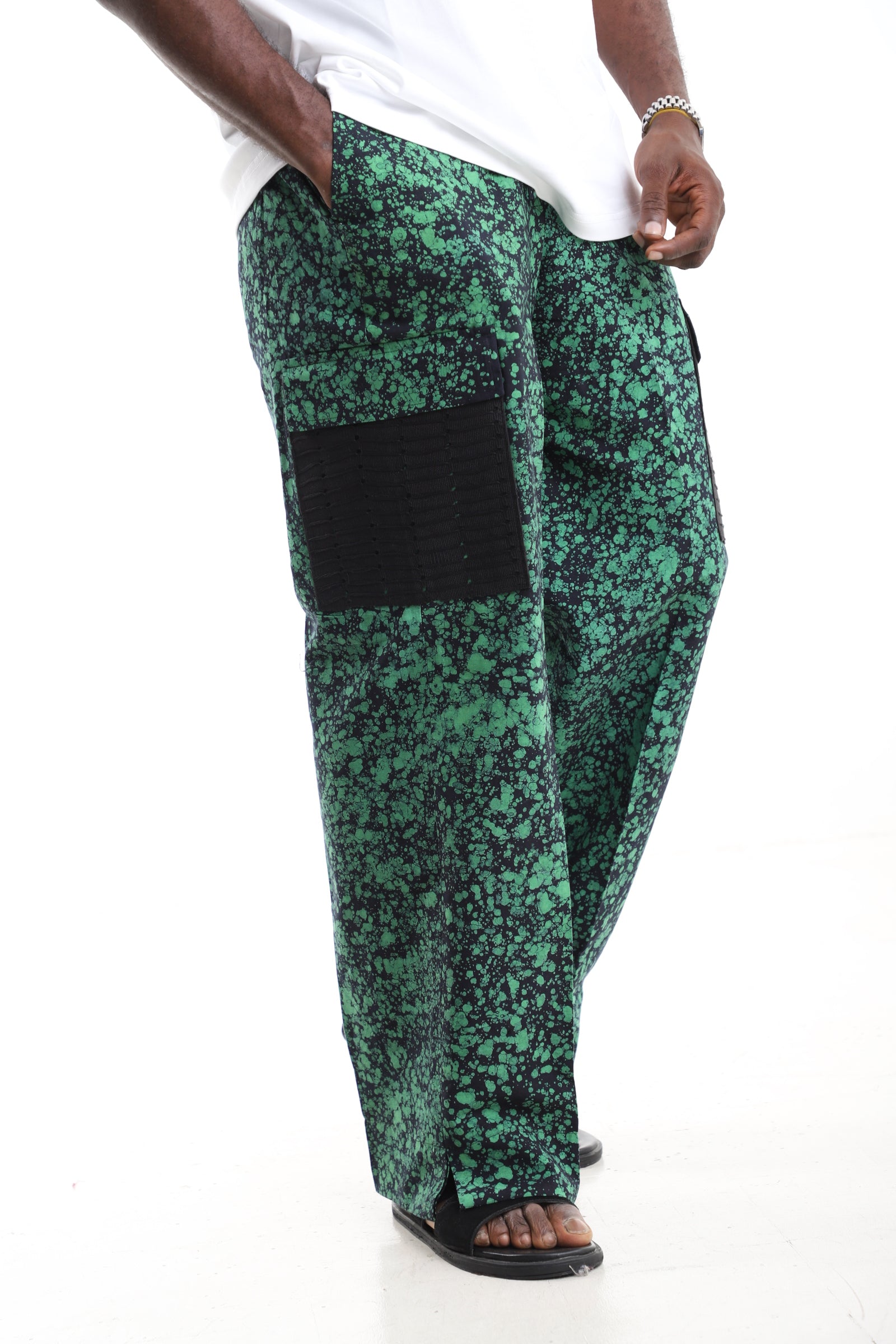 Emerald Splatter Print Batik Adire Utility Cargo Pants