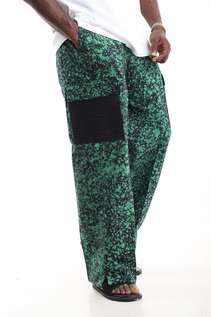Emerald Splatter Print Batik Adire Utility Cargo Pants