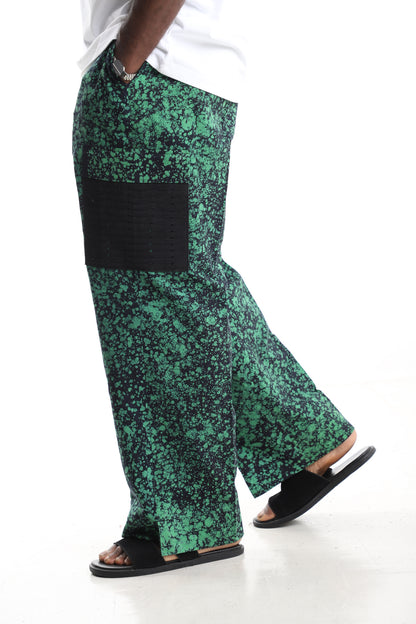 Emerald Splatter Print Batik Adire Utility Cargo Pants