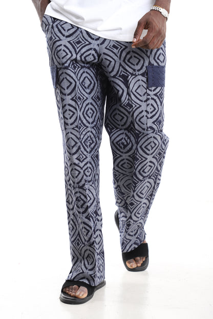 King Kaftan Grey and Navy Geometric Batik Adire Utility Cargo Pants – Front View – African men's fashion Nigeria
