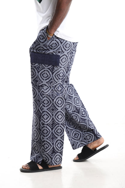 King Kaftan Grey and Navy Geometric Batik Adire Utility Cargo Pants – Side View – African men's fashion Nigeria