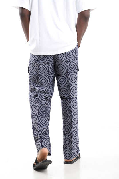 King Kaftan Grey and Navy Geometric Batik Adire Utility Cargo Pants – Back View – African men's fashion Nigeria