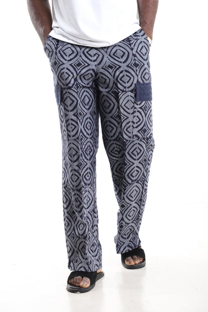 King Kaftan Grey and Navy Geometric Batik Adire Utility Cargo Pants – Cargo Pocket Flap Detail – African men's fashion Nigeri