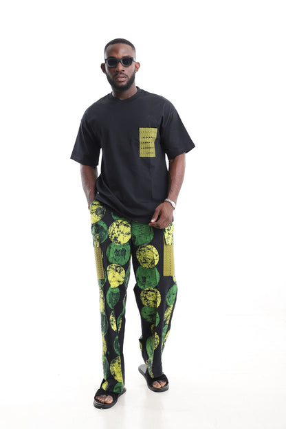 King Kaftan Circular Adire Cargo Pants Set with Oversized Black T-Shirt – Front View – African men's fashion Nigeria