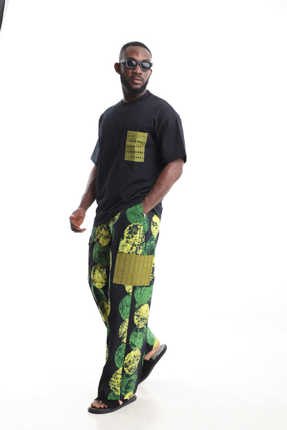King Kaftan Circular Adire Cargo Pants Set with Oversized Black T-Shirt – Olive Mesh Pocket Detail – African men's fashion Nigeria
