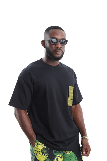 King Kaftan Cotton Oversized Black T-Shirt with Olive Textured Patch Pocket Accent – Olive Textured Mesh Pocket Detail – African men's fashi