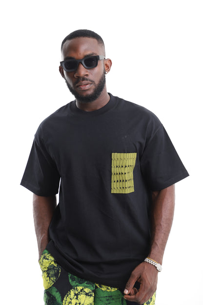 King Kaftan Cotton Oversized Black T-Shirt with Olive Textured Patch Pocket Accent – Front View – African men's fashion Nigeria