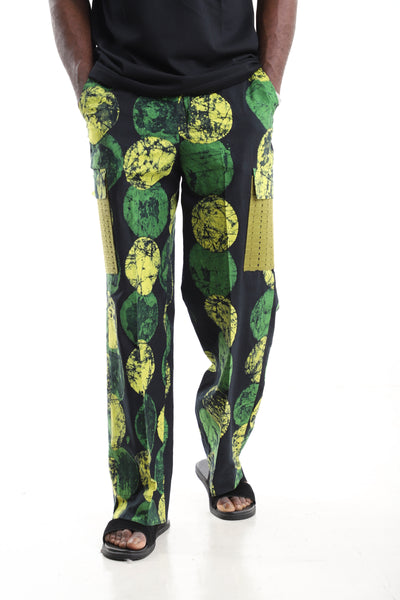 King Kaftan Green and Yellow Polka Dot Batik Adire Utility Cargo Pants – Front View – African men's fashion Nigeria