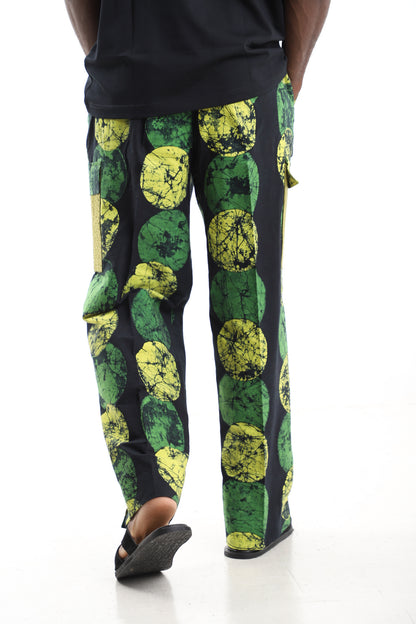 King Kaftan Green and Yellow Polka Dot Batik Adire Utility Cargo Pants – Back View – African men's fashion Nigeria