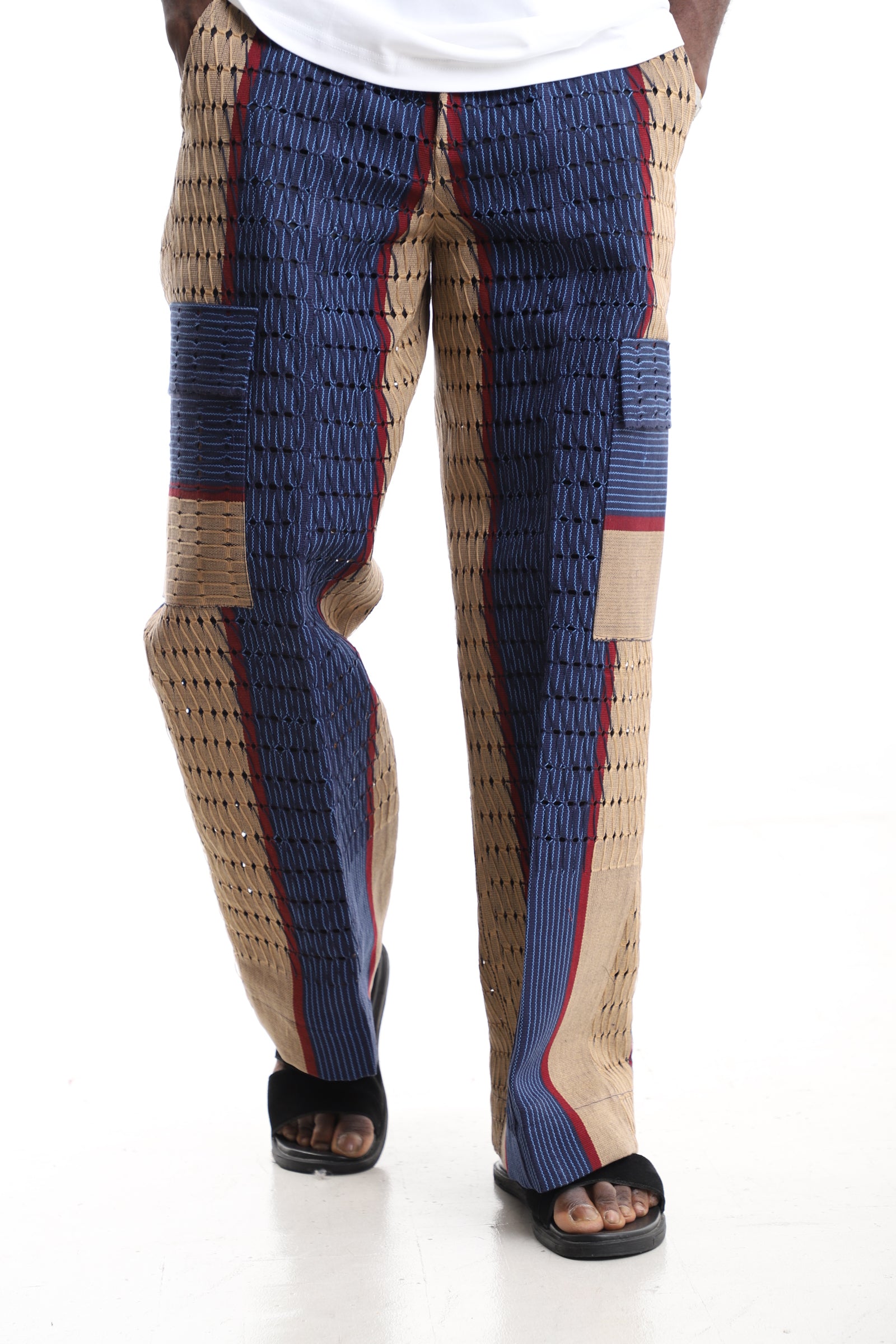King Kaftan Patchwork Perforated Handwoven Aso-Oke Utility Cargo Pants – Front View – African men's fashion Nigeria