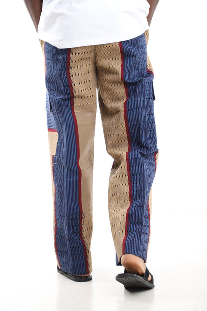 King Kaftan Patchwork Perforated Handwoven Aso-Oke Utility Cargo Pants – Back View – African men's fashion Nigeria